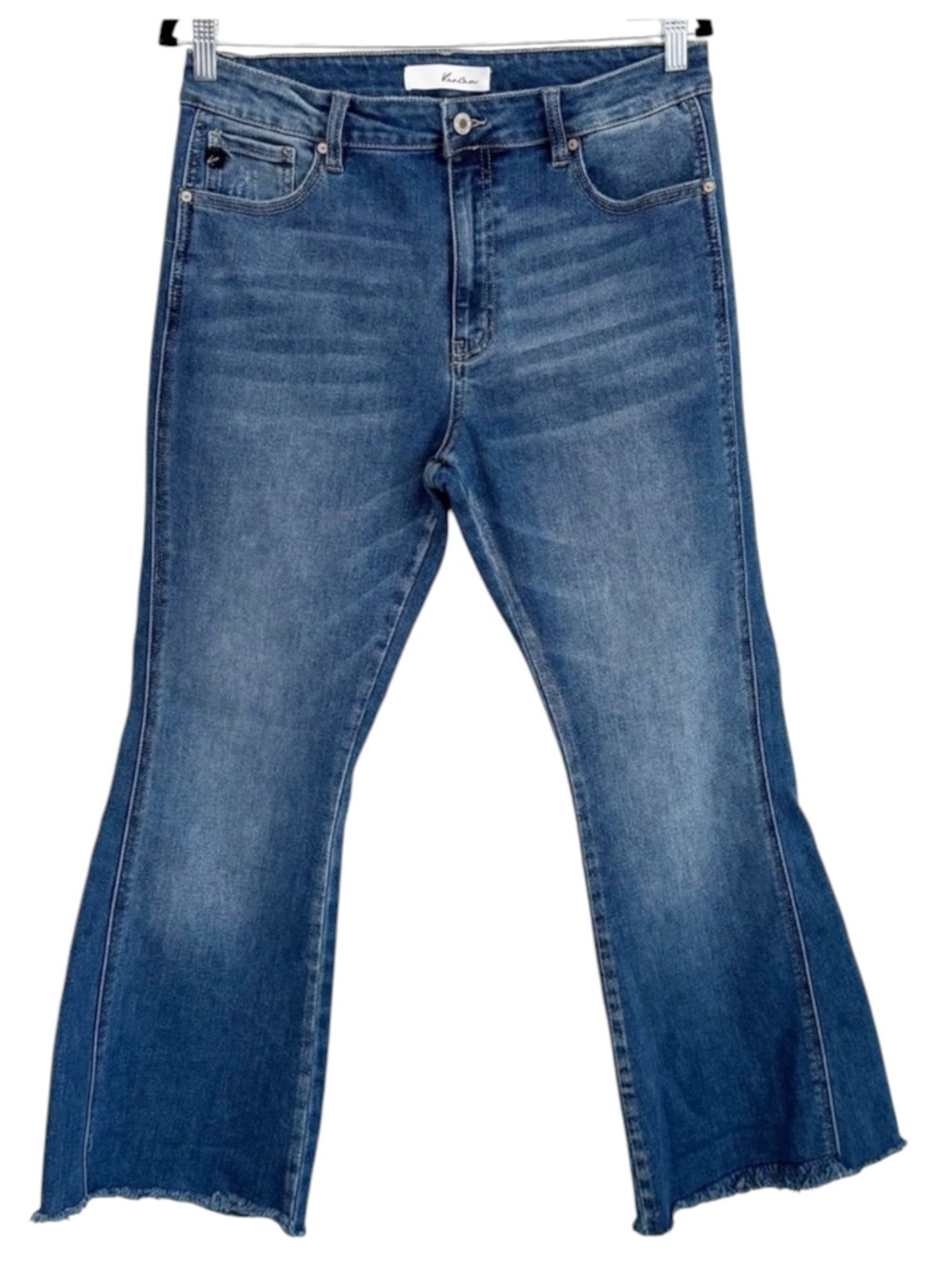 KANCAN High Rise Flare Jeans Dark Wash Raw Hem Stretch Denim Size 30 Women
